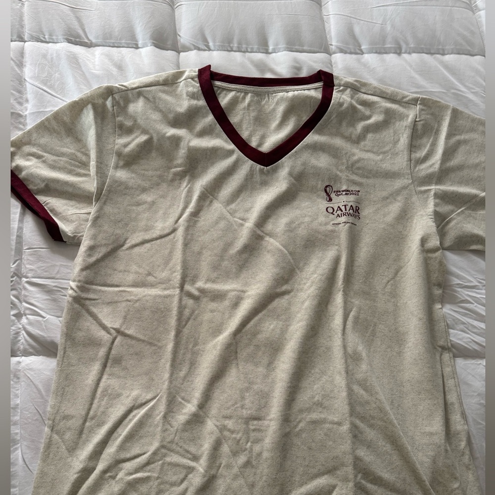 Official Qatar World Cup 2022 V-Neck T-Shirt with Maroon Trim